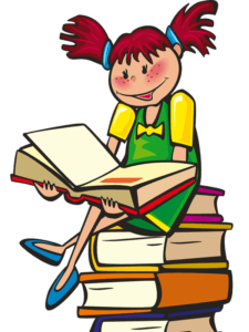 Cartoon girl sitting on books, reading