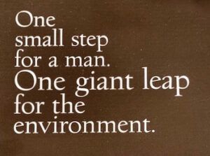 Nae vegan boots box saying 'One small step for a man. One giant leap for the environment'.