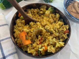 Bowl of vegan rice with vegetables
