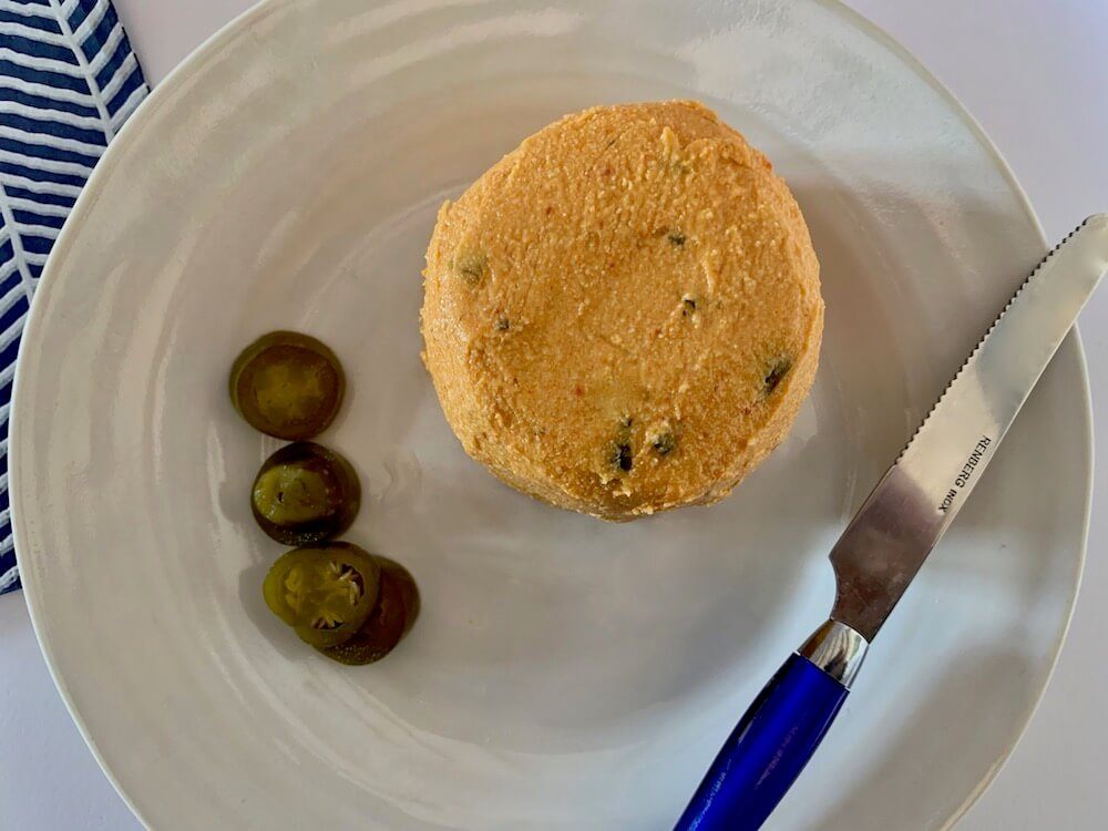 Freshly made cashew cheese with jalapeños