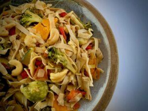 Vegan gluten free noodles with vegetables, in a dish