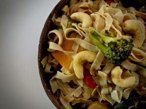 Close up of vegan noodles with vegetables