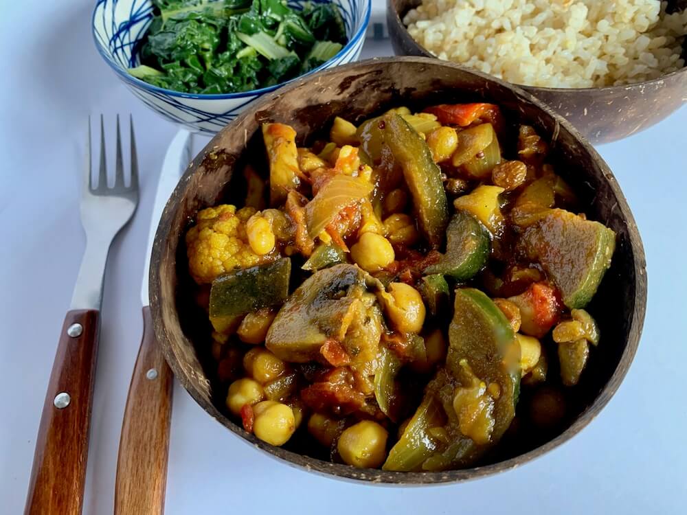 Bowl of vegan eggplant curry