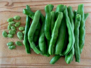 Fresh broad beans on a chopping board