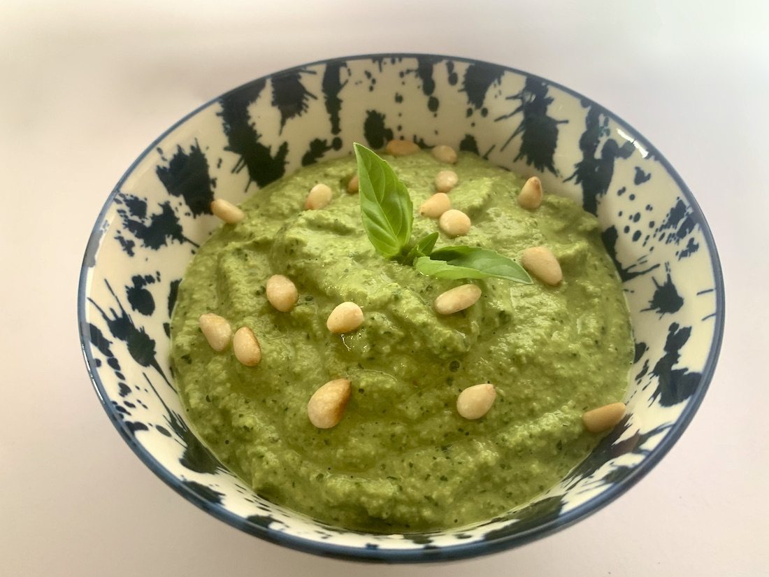 Oil free basil sauce with pine kernels on top