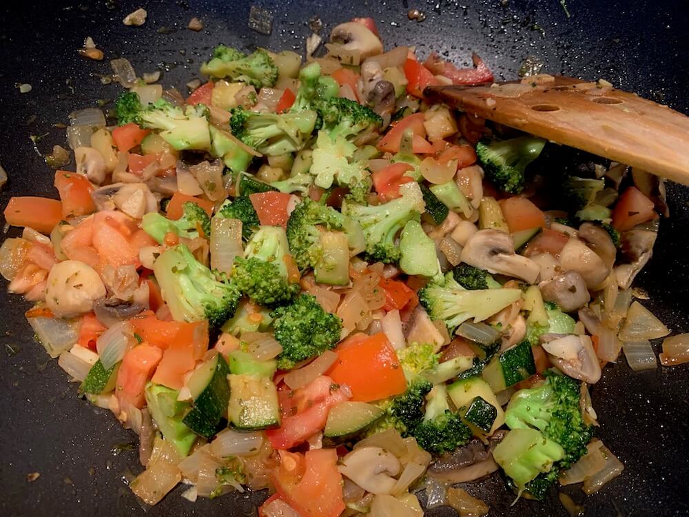 Vegetables in a pan, for making vegan carbonara sauce