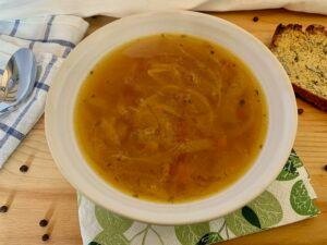 Bowl of vegan french onion soup