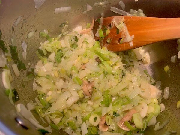 Frying onion and leek for potato soup