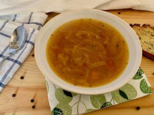 Bowl of vegan french onion soup