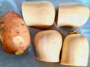 Butternut squash and sweet potato in a baking tray