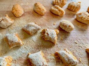 Gnocchi dough cut into pieces before forming the gnocchi