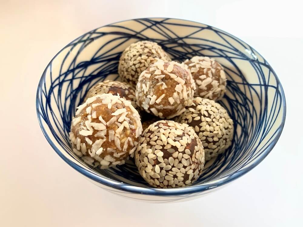 Bowl of no bake protein energy balls