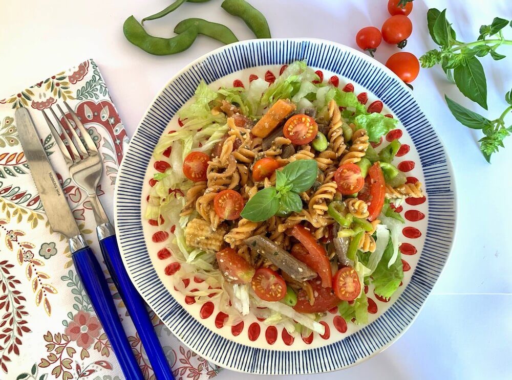 Plate of gluten free pasta salad