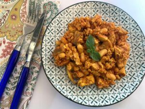 Oil free tofu scramble with mushrooms and beans