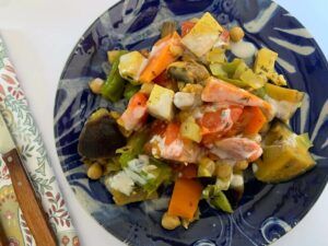 Oil free stir fry with tahini on top