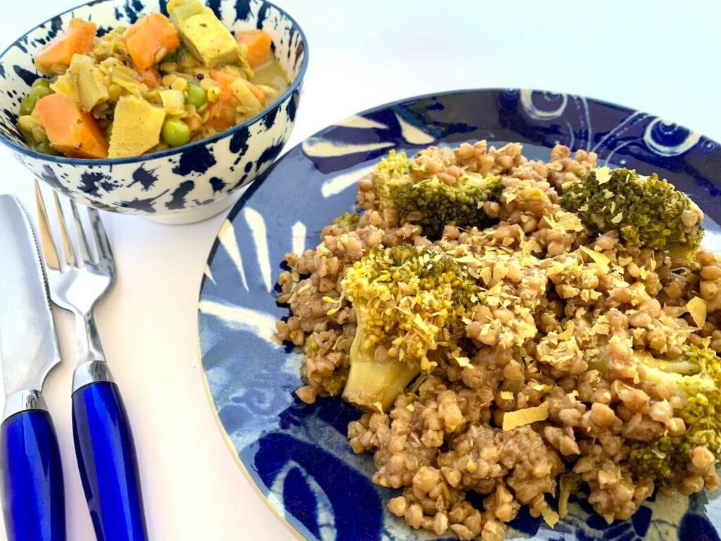Buckwheat with broccoli, served with a side of sweet potato & lentil curry