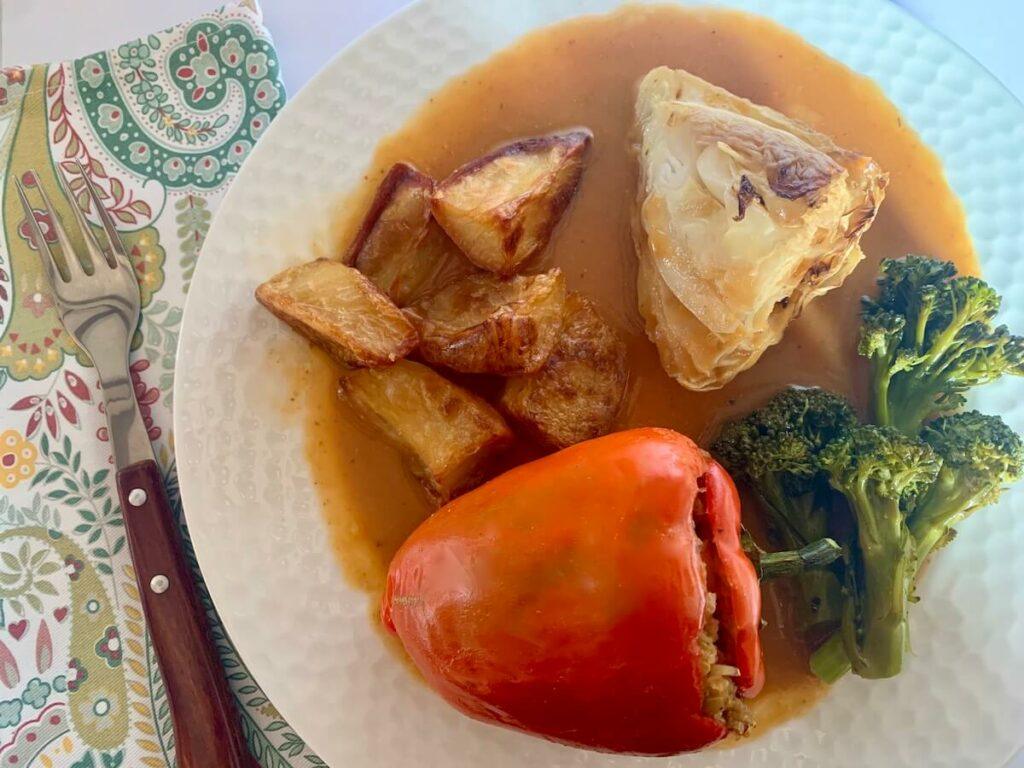 Stuffed red pepper, roast cabbage, roast potatoes, broccoli and gravy