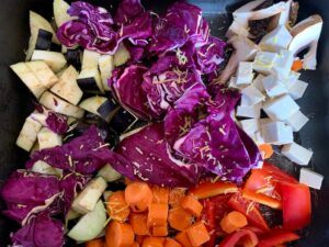 How to roast vegetables without oil. Vegetables ina baking pan with lemon zest