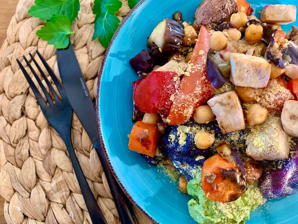 How to roast vegetables without oil - plate of oil-free roasted vegetables with tofu