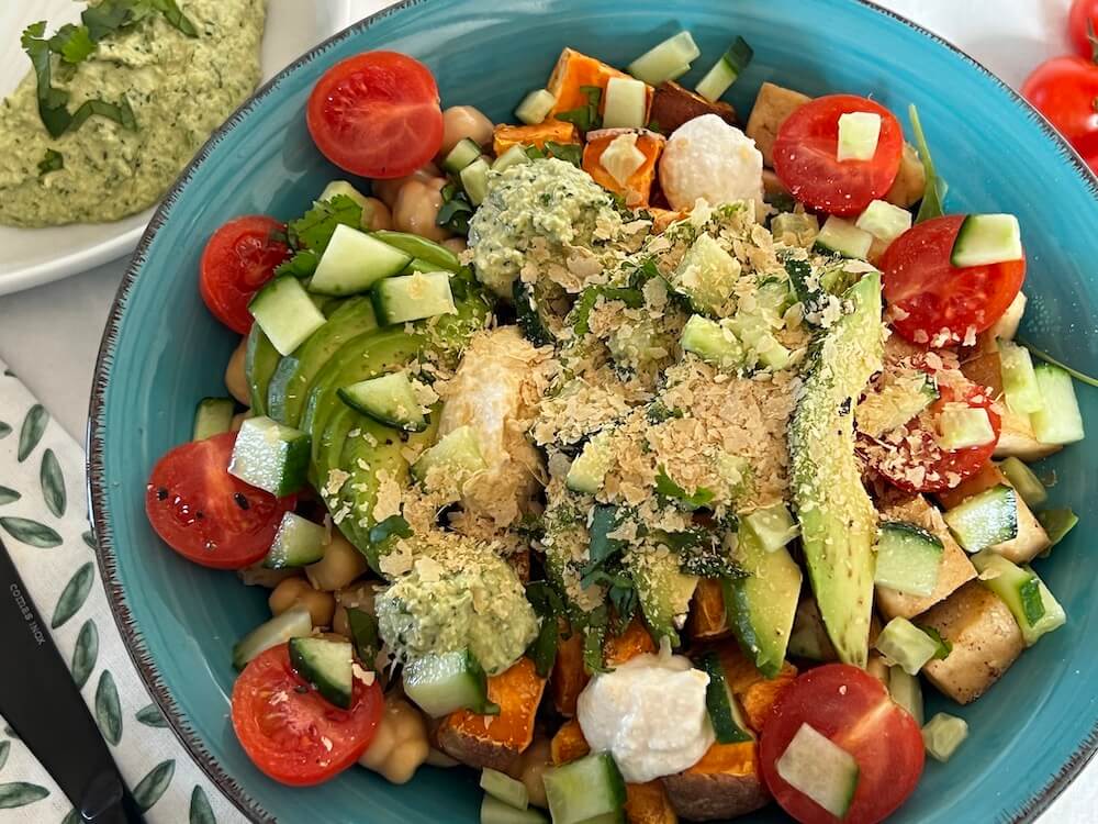 Vegan bowl with nutritional yeast on top