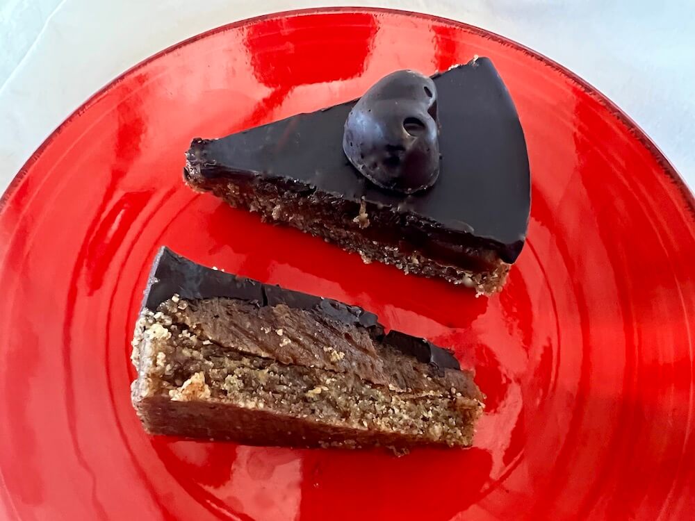 2 slices of raw vegan caramel chocolate cake