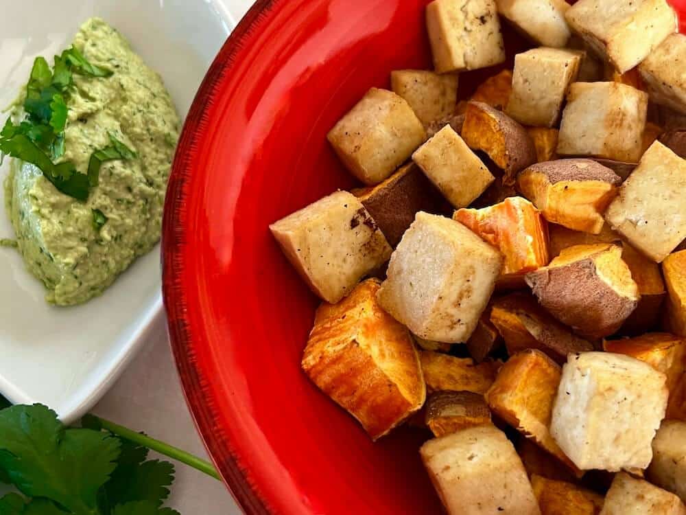Air fried sweet potato and tofu in a bowl