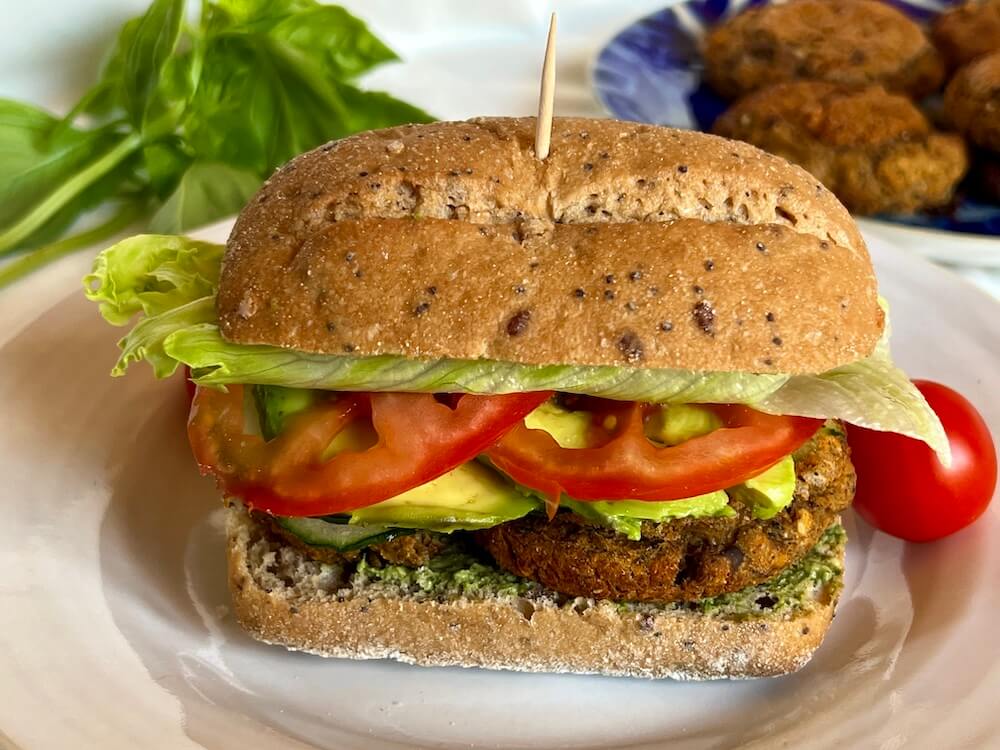 Oil free black bean vegan burger in a gluten free roll