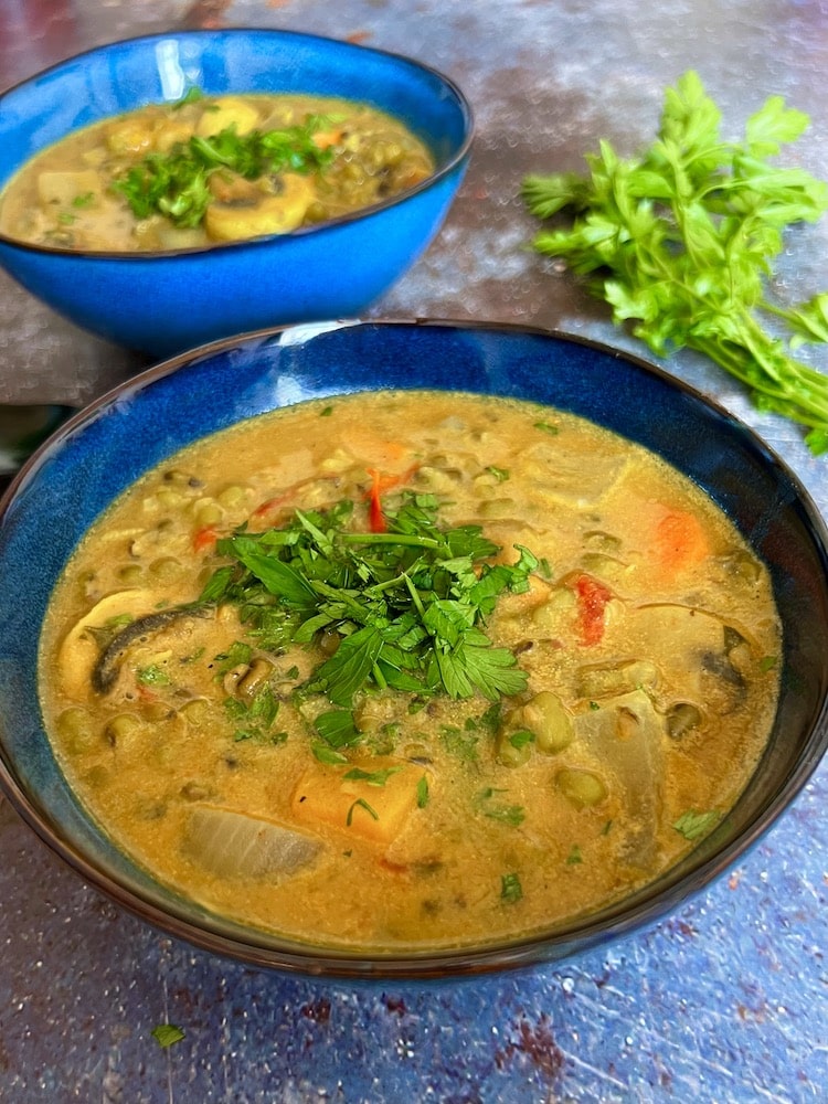 easy vegan mung bean soup in a blue bowl