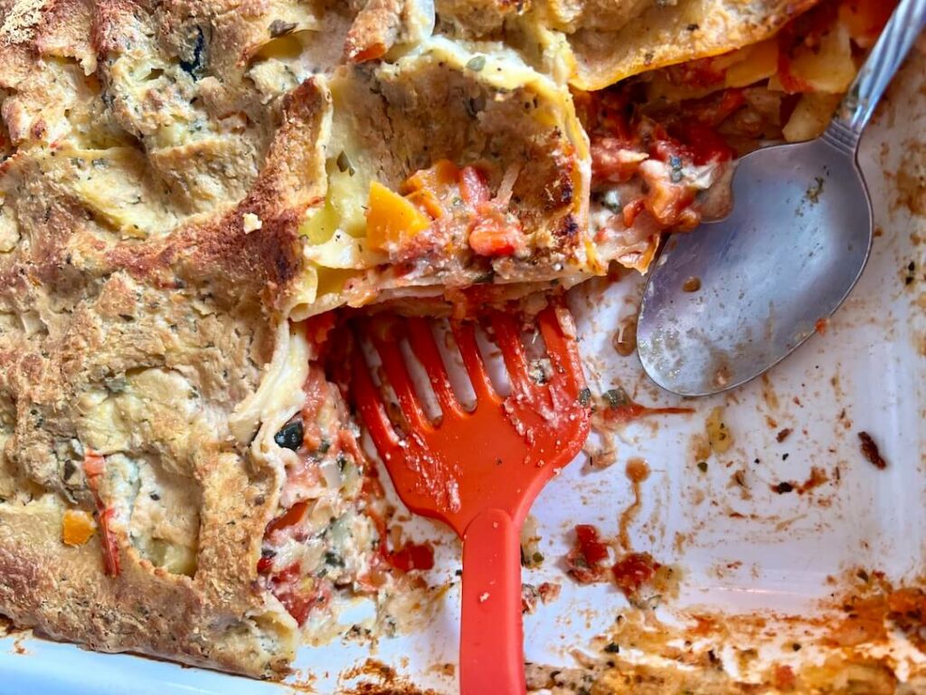 Oil free, gluten free, vegan lasagne in the roasting pan.